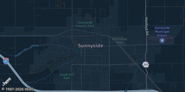 Map of Sunnyside, WA. The exact address of Varietal Beer Company is not known, so the map shows the area rather than a specific building.