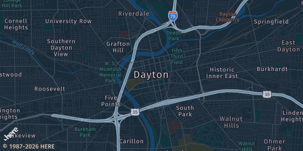 Map of Dayton, OH. The exact address of Dayton Convention Center is not known, so the map shows the area rather than a specific building.