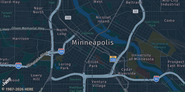Map of Minneapolis, MN. The exact address of Minneapolis Convention Center is not known, so the map shows the area rather than a specific building.