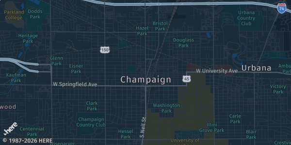Map of Champaign, IL. The exact address of UI-Con is not known, so the map shows the area rather than a specific building.