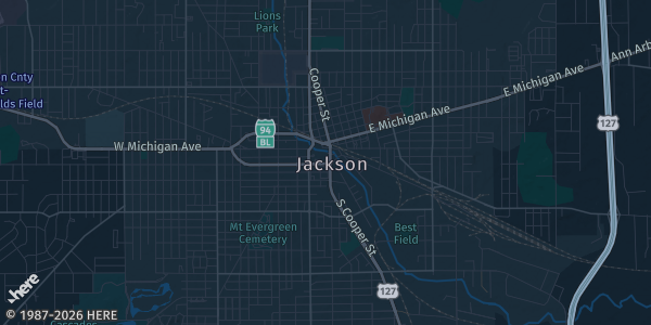 Map of Jackson, MI. The exact address of American 1 Credit Union Event Center is not known, so the map shows the area rather than a specific building.