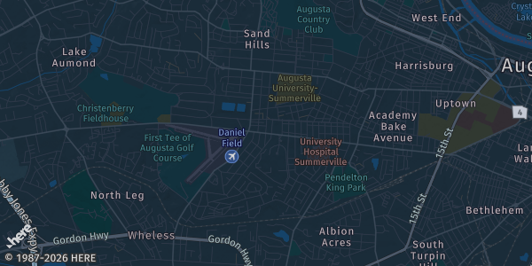 Map of Augusta, GA. The exact address of Augusta Convention Center is not known, so the map shows the area rather than a specific building.