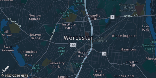 Map of Worcester, MA. The exact address of Union Station – Grand Hall is not known, so the map shows the area rather than a specific building.
