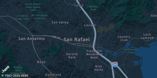 Map of San Rafael, CA. The exact address of Marin Center Exhibit Hall is not known, so the map shows the area rather than a specific building.