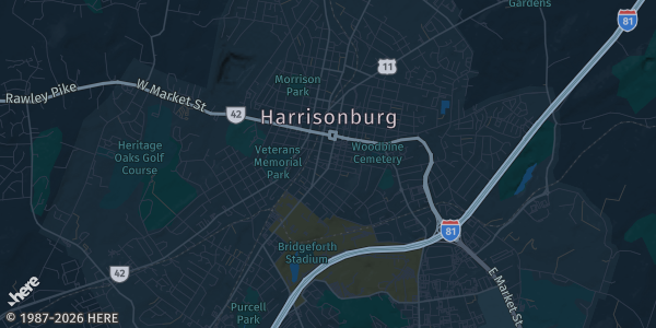 Map of Harrisonburg, VA. The exact address of Hotel Madison is not known, so the map shows the area rather than a specific building.