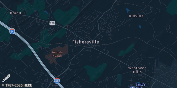 Map of Fishersville, VA. The exact address of Augusta Expo. Bldg is not known, so the map shows the area rather than a specific building.