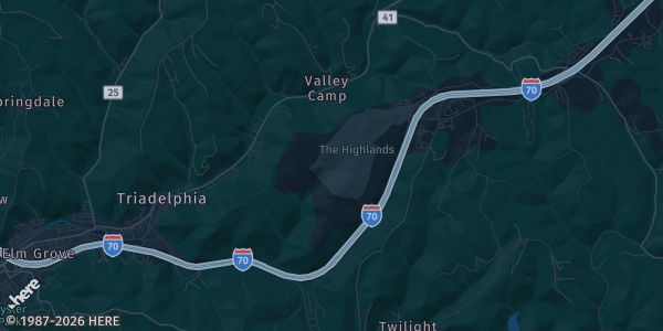 Map of Tridelphia, WV. The exact address of Highlands Sports Complex is not known, so the map shows the area rather than a specific building.
