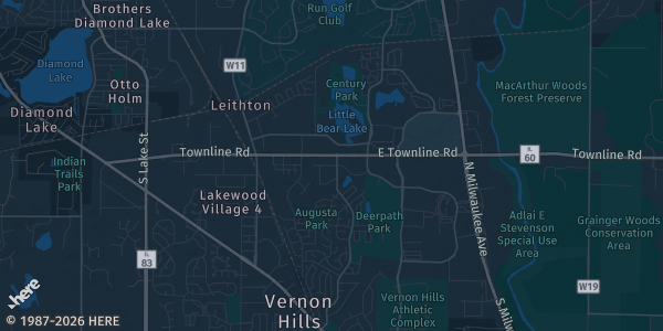 Map of Vernon Hills, IL. The exact address of Hawthorn Mall is not known, so the map shows the area rather than a specific building.
