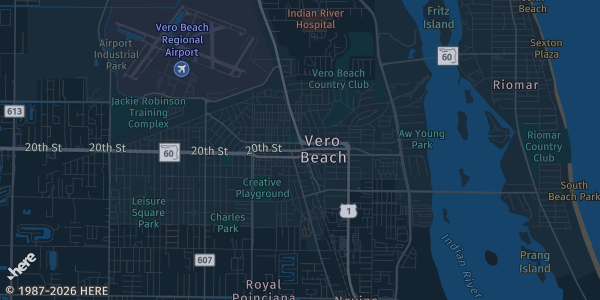 Map of Vero Beach, FL. The exact address of Indian River Mall is not known, so the map shows the area rather than a specific building.