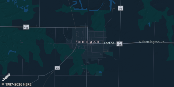 Map of Farmington, IL. The exact address of Farmington Moose Lodge is not known, so the map shows the area rather than a specific building.