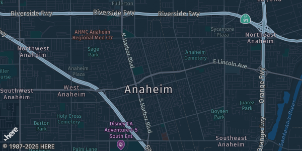 Map of Anaheim, CA. The exact address of VidCon Anaheim is not known, so the map shows the area rather than a specific building.