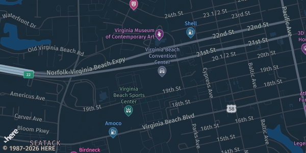 Map showing Virginia Beach Convention Center in Virginia Beach, VA.
