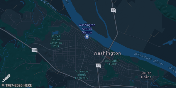 Map of Washington, MO. The exact address of N-Sports Rec Center is not known, so the map shows the area rather than a specific building.