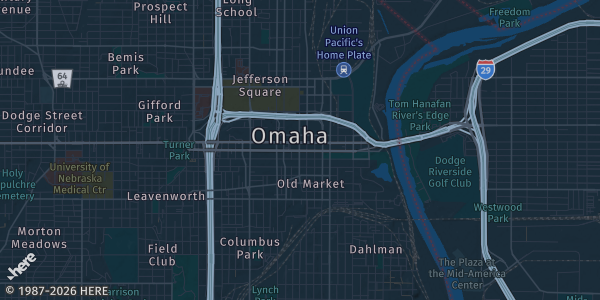 Map of Omaha, NE. The exact address of Infusion Brewery Company is not known, so the map shows the area rather than a specific building.
