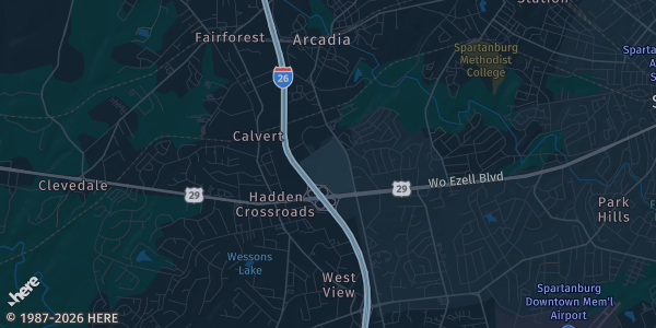 Map of Spartanburg, SC. The exact address of West Gate Mall is not known, so the map shows the area rather than a specific building.