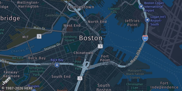 Map of Boston, MA. The exact address of Westin is not known, so the map shows the area rather than a specific building.
