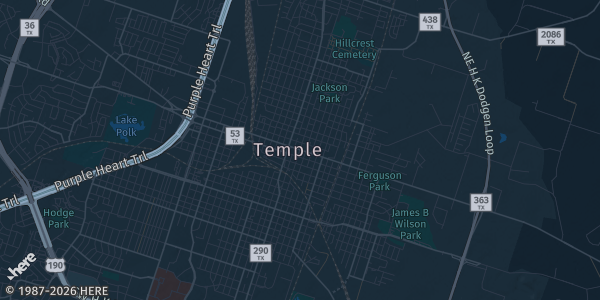 Map of Temple, TX. The exact address of Frank Mayborn Civic & Convention Center is not known, so the map shows the area rather than a specific building.
