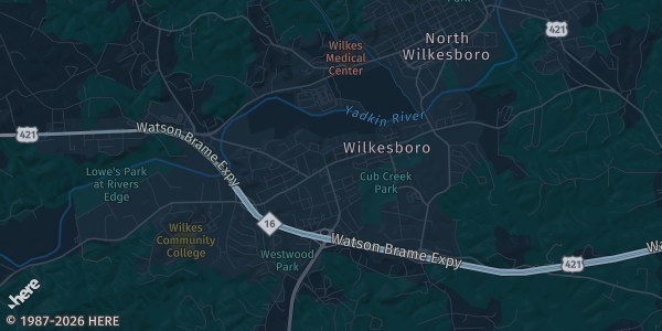 Map of Wilkesboro, NC. The exact address of Yadkin Valley Event Center is not known, so the map shows the area rather than a specific building.