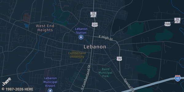 Map of Lebanon, TN. The exact address of James E Ward Agricultural Center is not known, so the map shows the area rather than a specific building.
