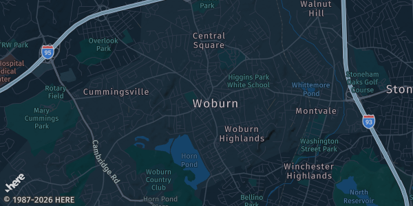 Map of Woburn, MA. The exact address of Best Western is not known, so the map shows the area rather than a specific building.