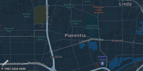 Map of Placentia, CA. The exact address of Diamond 9 sports is not known, so the map shows the area rather than a specific building.
