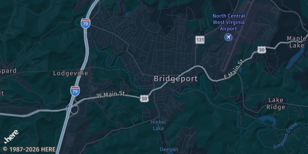 Map of Bridgeport, WV. The exact address of The Bride Sports Complex is not known, so the map shows the area rather than a specific building.