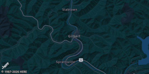Map of Gilbert, WV. The exact address of Venue at 268 is not known, so the map shows the area rather than a specific building.