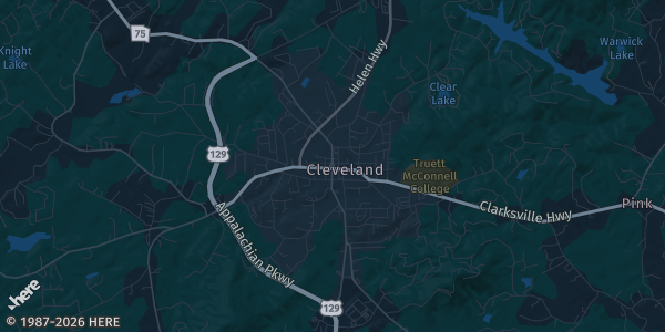 Map of Cleveland, GA. The exact address of Cleveland Parks and Rec is not known, so the map shows the area rather than a specific building.